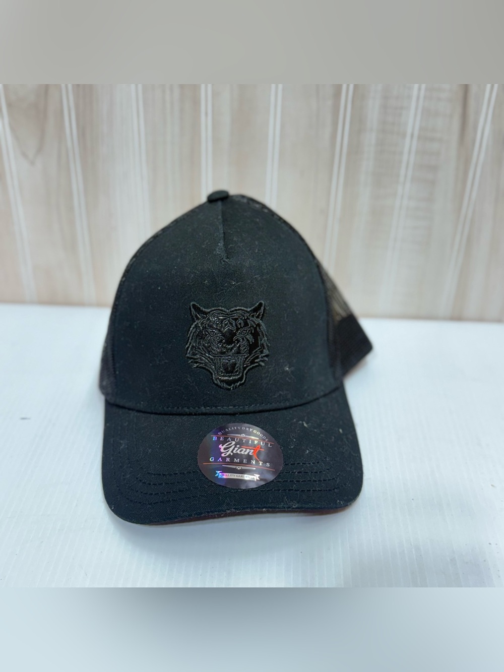 Black Trucker Cap with Embroidered Tiger